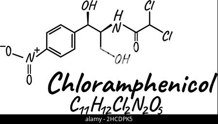 Chloramphenicol antibiotic chemical formula and composition, concept structural medical drug, isolated on white background, vector illustration. Antib Stock Vector