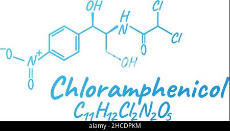 Chloramphenicol antibiotic chemical formula and composition, concept structural medical drug, isolated on white background, vector illustration. Antib Stock Vector