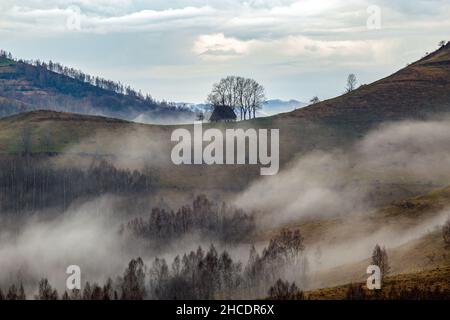 Traditional thatched hut engulfed in fog against a picturesque sky. Photo taken on 30th of April 2021 in the old village of Dumesti, Alba county, Roma Stock Photo