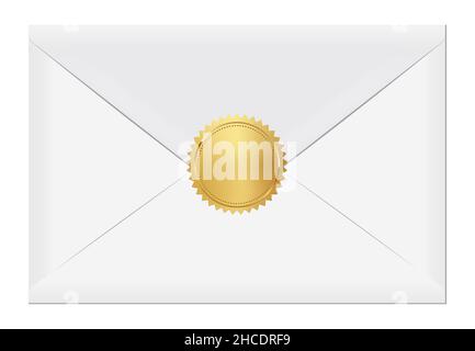 White elegant envelope with gold stamp. Blank mail paper card mock up vector illustration. Realistic modern empty postcard template isolated on white Stock Vector
