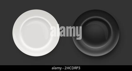 White and black porcelain plates for dishes. Top view on two empty clean kitchen plates vector illustration. Round realistic simple tableware objects Stock Vector