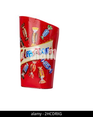 Norwich, Norfolk, UK – December 2021. A box of Mars Celebrations chocolates cut out isolated on a plain white background Stock Photo
