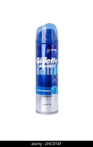 Norwich, Norfolk, UK – December 2021. A can of Gillette Series shaving gel for sensitive skin Stock Photo