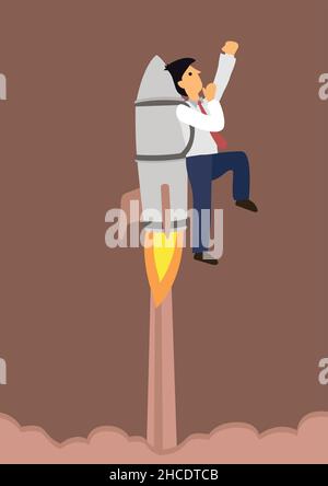 Businessman flying up powered by a rocket engine into the sky. Conceptual business. Vector illustration Stock Vector
