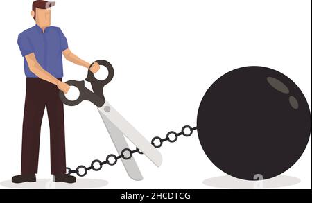 Man holding scissors to cut metal chain. Concept of debt free or cutting away bad habit. Flat vector illustration isolated in white background. Stock Vector