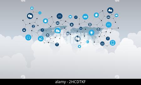Internet of Things, Cloud Computing Design Concept with World Map, Clouds and Icons - Digital Network Connections, Technology Background Stock Vector