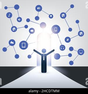 New Possibilities - Business, Solutions Finding, Cloud Computing Design Concept with a Standing Business Man and Icons - Digital Network Connections, Stock Vector
