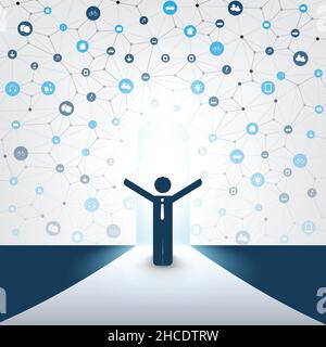 New Possibilities - Business, Solutions Finding, Cloud Computing Design Concept with a Standing Business Man and Icons - Digital Network Connections, Stock Vector