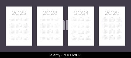 2022 2023 2024 2025 calendar individual schedule template in minimalist trendy style. Week starts on sunday. Stock Vector
