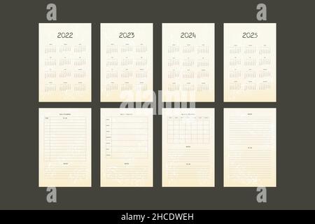 2022 2023 2024 2025 calendar and daily weekly monthly personal planner diary template playful fun style. Week starts on sunday. Stock Vector