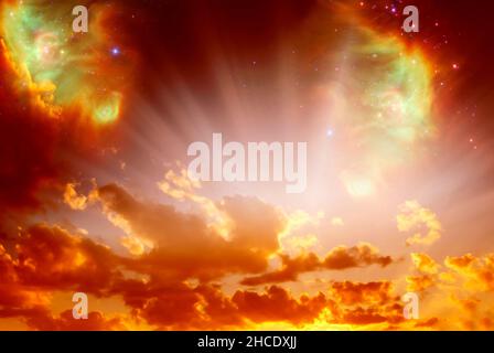 mystical sunset with rays of divine sun lights Stock Photo