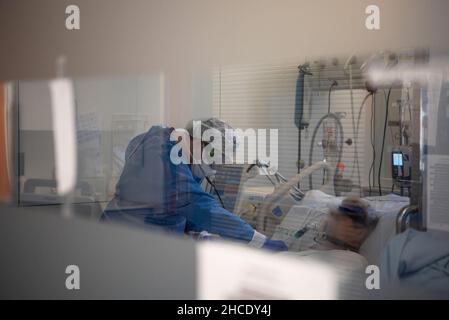 Beijing, Spain. 22nd Dec, 2021. A medical worker treats a COVID-19 patient at a hospital in Barcelona, Spain, Dec. 22, 2021. Credit: Francisco Avia/Xinhua/Alamy Live News Stock Photo