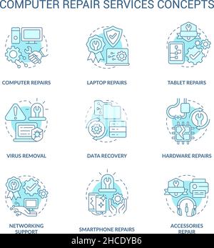 Computer repair service turquoise concept icons set Stock Vector