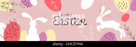 Easter folk rabbits vector set. Organic hand drawn flowers, leaves. Painted Easter bunny, egg collection. Stock Vector