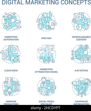 Digital marketing and strategies turquoise concept icons set Stock Vector