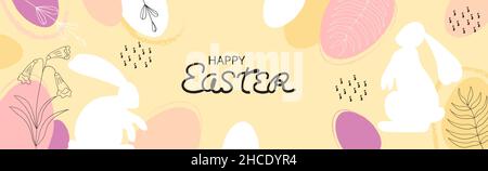 Easter folk rabbits vector set. Organic hand drawn flowers, leaves. Painted Easter bunny, egg collection. Stock Vector