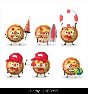 Happy Face pizza gummy candy cartoon character playing on a beach. Vector illustration Stock Vector