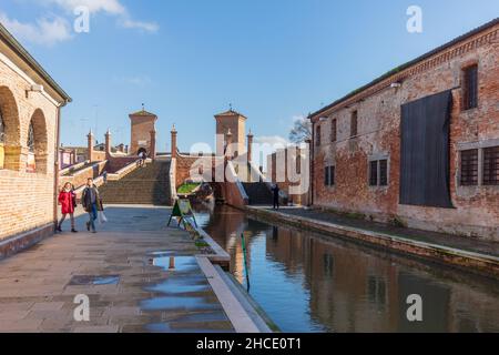 Via della Pescheria street, View of the Trepponti Bridge, Comacchio, Emilia Romagna, Italy, Europe Stock Photo