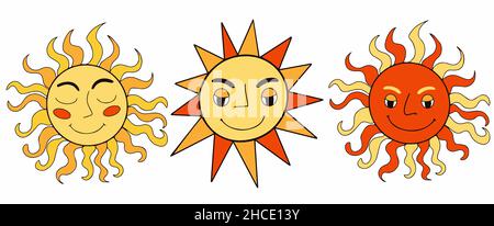 Retro sun smiley face. Hippie groovy smile character vector set. Mystical boho sun face mascot. Vector illustration Stock Vector