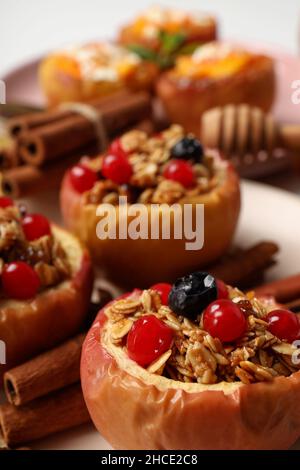 Concept of tasty food with baked apple, close up Stock Photo