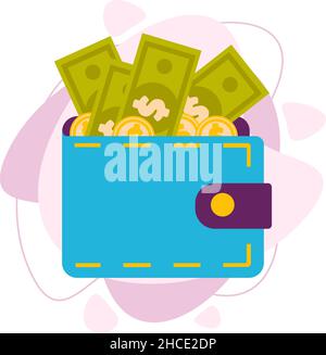 A wallet with money. Cash and metal coins. Stock Vector