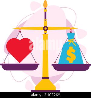 The balance between heart and money. Vector flat illustration. Stock Vector