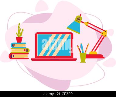A laptop with a group of items on the table. Stock Vector