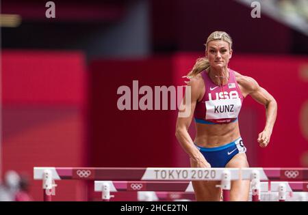 Annie Kunz participating in the 100-meter hurdles of the heptathlon at the Tokyo 2020 Olympic Games. Stock Photo