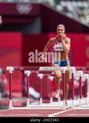 Annie Kunz participating in the 100-meter hurdles of the heptathlon at the Tokyo 2020 Olympic Games. Stock Photo