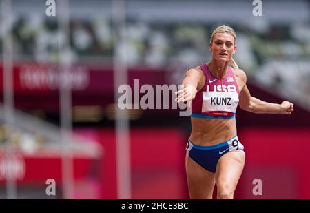 Annie Kunz participating in the 100-meter hurdles of the heptathlon at the Tokyo 2020 Olympic Games. Stock Photo