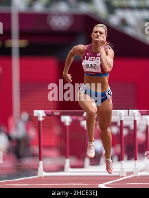 Annie Kunz participating in the 100-meter hurdles of the heptathlon at the Tokyo 2020 Olympic Games. Stock Photo