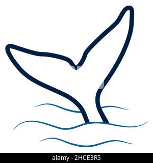 Humpback whale tail in waves minimalist simple outline vector logo illustration. Isolated drawing on white background Stock Vector