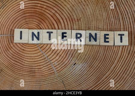 internet on wooden blocks.  Protection, security or safe concept Stock Photo