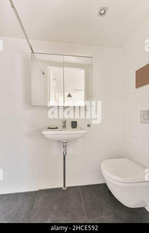 Contemporary toilet interior with toilet bowl and washbasin on light tiled wall in light house Stock Photo