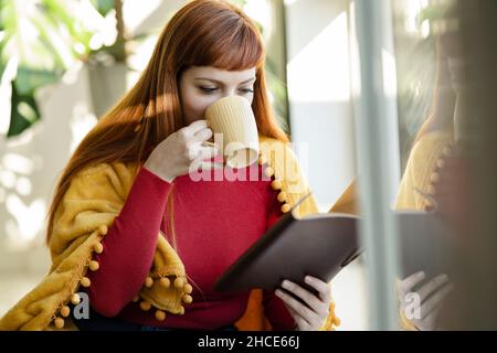 Focused female drinking tasty hot beverage from cup and reading notes in notepad while sitting in light room near window Stock Photo