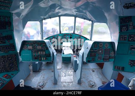 Cockpit trainer of the transport aircraft, steering wheel, dashboards, two seats Stock Photo