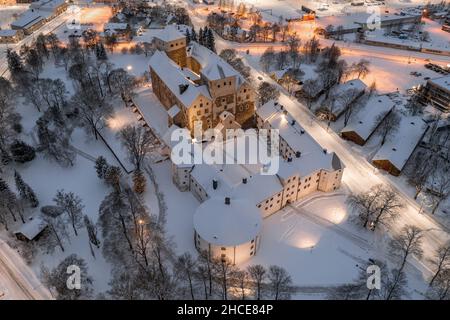 Aerial view of Turku Castle in winter in Turku, Finland. Stock Photo