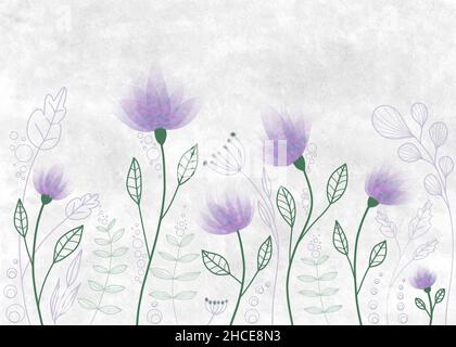 Abstract clearing of fabulous flowers and plants. Grunge watercolor wallpaper for wall decor in colors on the background of a concrete wall. Stock Photo