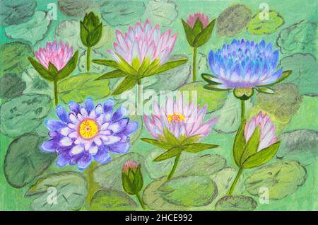 Oil painting on canvas of colorful pastel colored waterlilies floating on lilypads on pond Stock Photo