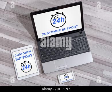 Customer support concept shown on different information technology devices Stock Photo