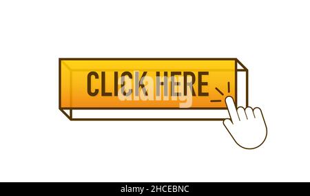 Yellow click here on white background. Digital download. Click here vector web button. Stock Vector