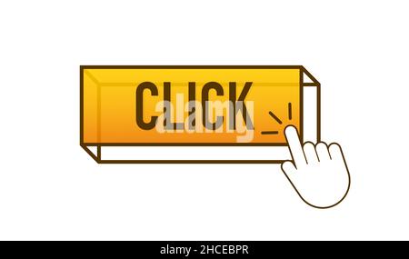 Yellow click on white background. Digital download. Click here vector web button. Stock Vector