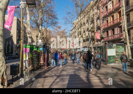 People on a walk on the La Rambla street, Barcelona, Spain, Europe Stock Photo