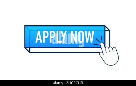3d icon with blue apply now button on yellow background. 3d illustration. Pointer click. Red background. Cursor icon. Stock Vector