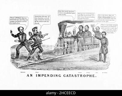 An Impending Catastrophe from a collection of Caricatures pertaining to the Civil War published in 1892 on Heavy Plate Paper Stock Photo