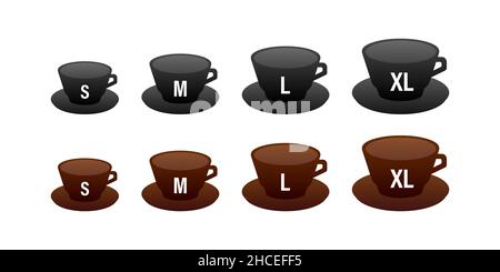 Flat template with size coffee cups on white background for paper design. Mockup template. Flat line vector illustration. Stock Vector