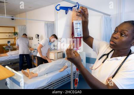 Student nurses training realistic medical dummy Stock Photo