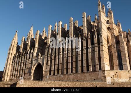 Palma de Mallorca, Spain; December 7th 2021: Cathedral of Palma de Mallorca west facade Stock Photo
