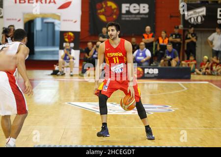 A Coruña, Spain. Ricky Rubio disputes the ball during the friendly basketball match between Spain and Canada at the Coliseum in A Coruña Stock Photo