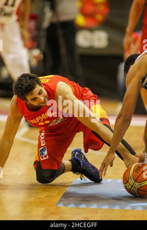 A Coruña, Spain. Ricky Rubio disputes the ball during the friendly basketball match between Spain and Canada at the Coliseum in A Coruña Stock Photo